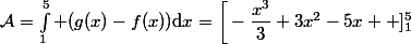 \mathcal{A}=\int_1^5 (g(x)-f(x))\mathrm{d}x=\bigg[-\dfrac{x^3}{3}+3x^2-5x \bigg ]_1^5