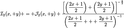\mathcal{I}_2(x, y) = \mathcal{J}_2(x, y) \dfrac{\left[\left(\dfrac{2x+1}{2}\right) \left(\dfrac{2y+1}{2}\right)\right]^{-\frac{1}{2}}}{\left(\dfrac{2x+1}{2} + \dfrac{2y+1}{2}\right)^{-1}}