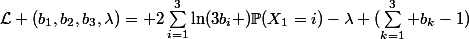 \mathcal{L} (b_1,b_2,b_3,\lambda)= 2\sum_{i=1}^{3}\ln(3b_i )\mathbb{P}(X_1=i)-\lambda (\sum_{k=1}^{3} b_k-1)