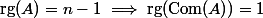 \mathrm{rg}(A)=n-1\implies\mathrm{rg}(\mathrm{Com}(A))=1