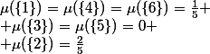 \mu(\{1\})=\mu(\{4\})=\mu(\{6\})=\frac15
 \\ \mu(\{3\})=\mu(\{5\})=0
 \\ \mu(\{2\})=\frac{2}{5}