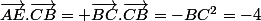 \overrightarrow{AE}.\overrightarrow{CB}= \overrightarrow{BC}.\overrightarrow{CB}=-BC^2=-4