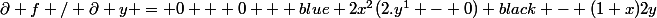 \partial f / \partial y = 0 + 0 + \color {blue} 2x^2(2.y^1 - 0) \color {black} - (1+x)2y