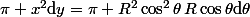 \pi x^2\mathrm{d}y=\pi R^2\cos^2\theta\,R\cos\theta\mathrm{d}\theta