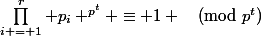 \prod_{i = 1}^{r} p_i ^{p^{t}} \equiv 1 \pmod{p^{t}}