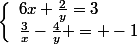 \rm\left\lbrace\begin{array}\frac{6}{x}+\frac{2}{y}=3\\\frac{3}{x}-\frac{4}{y} = -1\end{array}