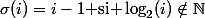 \sigma(i)=i-1\text{ si }\log_2(i)\notin\mathbb{N}