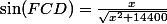 \sin(FCD)=\frac{x}{\sqrt{x^2+14400}}