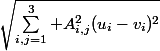 \sqrt{\sum_{i,j=1}^3 A_{i,j}^2(u_i-v_i)^2}