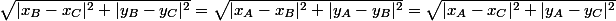 \sqrt{|x_B-x_C|^2+|y_B-y_C|^2}=\sqrt{|x_A-x_B|^2+|y_A-y_B|^2}=\sqrt{|x_A-x_C|^2+|y_A-y_C|^2}