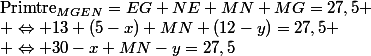 \text{Primtre}_{MGEN}=EG+NE+MN+MG=27,5 \\ \Leftrightarrow 13+(5-x)+MN+(12-y)=27,5 \\ \Leftrightarrow 30-x+MN-y=27,5