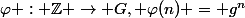 \varphi : \Z \rightarrow G, \varphi(n) = g^n