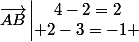 \vec{AB}\left|\begin{matrix}4-2=2\\ 2-3=-1 \end{matrix}