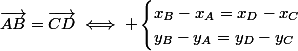 \vec{AB}=\vec{CD}\iff \begin{cases}x_{B}-x_A=x_D-x_C\\y_B-y_A=y_D-y_C\end{cases}