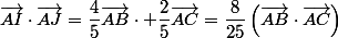 \vec{AI}\cdot\vec{AJ}=\dfrac{4}{5}\vec{AB}\cdot \dfrac{2}{5}\vec{AC}=\dfrac{8}{25}\left(\vec{AB}\cdot\vec{AC}\right)