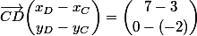 \vec{CD}\ \dbinom{x_D-x_C}{y_D-y_C}=\dbinom{7-3}{0-(-2)}