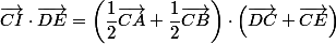 \vec{CI}\cdot\vec{DE}=\left(\dfrac{1}{2}\vec{CA}+\dfrac{1}{2}\vec{CB}\right)\cdot\left(\vec{DC}+\vec{CE}\right)