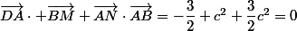 \vec{DA}\cdot \vec{BM}+\vec{AN}\cdot\vec{AB}=-\dfrac{3}{2} c^2+\dfrac{3}{2}c^2=0