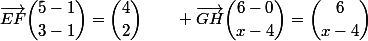 \vec{EF}\ \dbinom{5-1}{3-1}=\dbinom{4}{2}\qquad \vec{GH}\ \dbinom{6-0}{x-4}=\dbinom{6}{x-4}