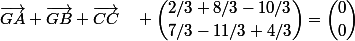 \vec{GA}+\vec{GB}+\vec{CC}\quad \dbinom{2/3+8/3-10/3}{7/3-11/3+4/3}=\dbinom{0}{0}
