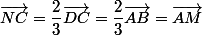 \vec{NC}=\dfrac{2}{3}\vec{DC}=\dfrac{2}{3}\vec{AB}=\vec{AM}