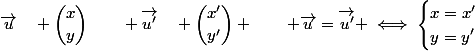 \vec{u}\quad \dbinom{x}{y}\qquad \vec{u'}\quad \dbinom{x'}{y'} \qquad \vec{u}=\vec{u'} \iff\begin{cases}x=x'\\y=y'\end{cases}