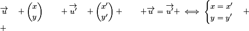 \vec{u}\quad \dbinom{x}{y}\qquad \vec{u'}\quad \dbinom{x'}{y'} \qquad \vec{u}=\vec{u'} \iff\begin{cases}x=x'\\y=y'\end{cases}
 \\ 