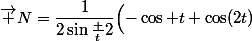 \vec N=\dfrac1{2\sin\frac t2}\Bigl(-\cos t+\cos(2t)\ ;\ -\sin t+\sin(2t)\Bigr)