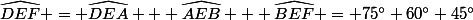 \widehat{DEF} = \widehat{DEA} + \widehat{AEB} + \widehat{BEF} = 75^\circ+60^\circ+45^\circ