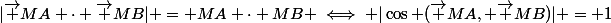 |\vec {MA} \cdot \vec {MB}| = MA \cdot MB \iff |\cos (\vec {MA}, \vec {MB})| = 1