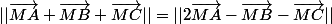 ||\vec{MA}+\vec{MB}+\vec{MC}||=||2\vec{MA}-\vec{MB}-\vec{MC}||