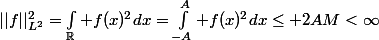 ||f||_{L^2}^2=\int_\R f(x)^2dx=\int_{-A}^{A} f(x)^2dx\le 2AM<\infty