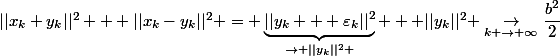 ||x_k+y_k||^2 + ||x_k-y_k||^2 = \underbrace{||y_k + \varepsilon_k||^2}_{\rightarrow ||y_k||^2 } + ||y_k||^2 \underset{k \rightarrow \infty}{\rightarrow}\dfrac{b^2}{2}
