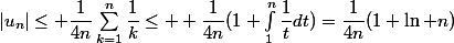 |u_n|\leq \dfrac1{4n}\sum_{k=1}^n\dfrac1k\leq  \dfrac1{4n}(1+\int_1^n\dfrac1tdt)=\dfrac1{4n}(1+\ln n)