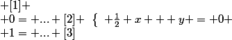 \left\{\begin{array}l \frac{1}{2} x + y = 0 \; \; [1] \\ 0= ... [2] \\ 1= ... [3]\end{array}\right.