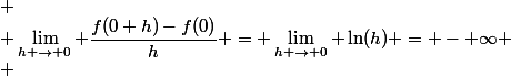  \\ \lim_{h \to 0} \dfrac{f(0+h)-f(0)}{h} = \lim_{h \to 0} \ln(h) = - \infty \\ 