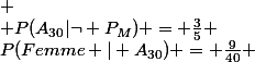 P(Femme | A_{30}) = \frac{9}{40} ; \\ P(A_{30}|\neg P_{M}) = \frac{3}{5} ;