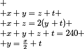 
 \\ x+y=z+t
 \\ x+z=2(y+t)
 \\ x+y+z+t=240
 \\ y=\frac{x}{2}+t