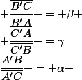 \dfrac{\bar{A'B}}{\bar{A'C}} = \alpha ; \dfrac{\bar{B'C}}{\bar{B'A}} = \beta ; \dfrac{\bar{C'A}}{\bar{C'B}} =\gamma