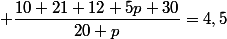  \dfrac{10+21+12+5p+30}{20+p}=4,5
