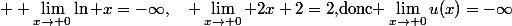  \displaystyle \lim_{x\to 0}\ln x=-\infty,\quad \lim_{x\to 0} 2x+2=2,\ $donc$ \lim_{x\to 0}u(x)=-\infty
