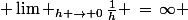  \lim _{h \rightarrow 0}\,\frac{1}{h} \,=\,\infty 