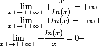 \lim_{x \to +\infty } \dfrac{ln(x)}{x}=0 ; \lim_{x \to +\infty } ln(x)=+\infty ; \lim_{x \to +\infty } \dfrac{x}{ln(x)}=+\infty