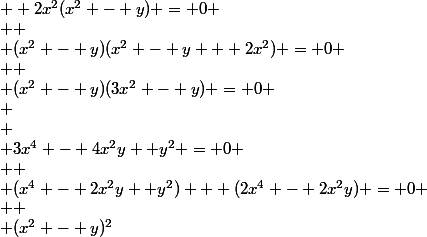  \\ 3x^4 - 4x^2y +y^2 = 0 \\  \\ (x^4 - 2x^2y +y^2) + (2x^4 - 2x^2y) = 0 \\  \\ (x^2 - y)^2&nbsp;&nbsp;+ 2x^2(x^2 - y) = 0 \\  \\ (x^2 - y)(x^2 - y + 2x^2) = 0 \\  \\ (x^2 - y)(3x^2 - y) = 0 \\ 