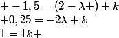 1=1k ; -1,5=(2-\lambda ) k; 0,25=-2\lambda k