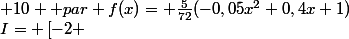 I= \left[-2 ; 10 \right] par f(x)= \frac{5}{72}(-0,05x^2+0,4x+1)