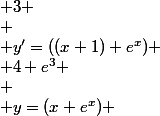  \\ \left(\begin{array}{cccccc} \\ x & -3 &&nbsp;&nbsp; & -1 &&nbsp;&nbsp; & 3 \\ \\ y'=((x+1) e^{x}) & -\frac{2}{e^{3}} & - & 0 & + & 4 e^{3} \\ \\ y=(x e^{x}) & -\frac{3}{e^{3}} & \searrow&nbsp;&nbsp;& -\frac1e & \nearrow&nbsp;&nbsp;& 3 e^{3} \\ \end{array}\right)  \\ 