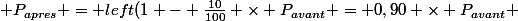  P_{apres} = \(left(1 - \frac{10}{100}\right) \times P_{avant} = 0,90 \times P_{avant} 