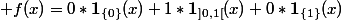 \forall x \in [0,1], \; f(x)=0*\mathbf{1}_{\{0\}}(x)+1*\mathbf{1}_{]0,1[}(x)+0*\mathbf{1}_{\{1\}}(x)