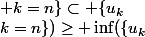 \{u_k; k=n\}\subset \{u_k; k\geq n\} \\\text{Donc: } \inf(\{u_k;k=n\})\geq \inf(\{u_k;k\geq n\})\\\text{Alors: } u_n\geq w_n